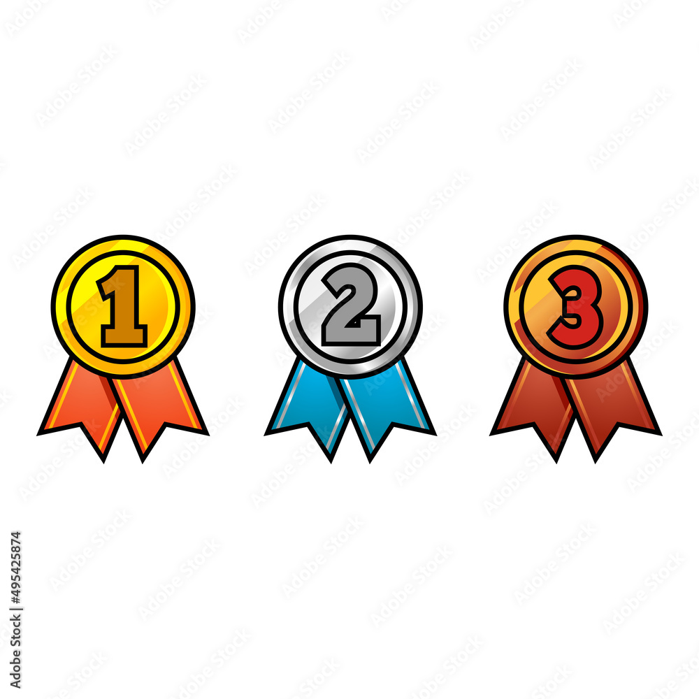 Gold, silver and bronze medals. Champion and winner awards medal set with red ribbon. Gold, silver and bronze medals. Champion and winner awards medal set with red ribbon.