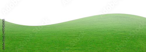 Green grass field isolated oMeadow green with fog smoke floats up isolated on white background, for a montage product display. with clipping path