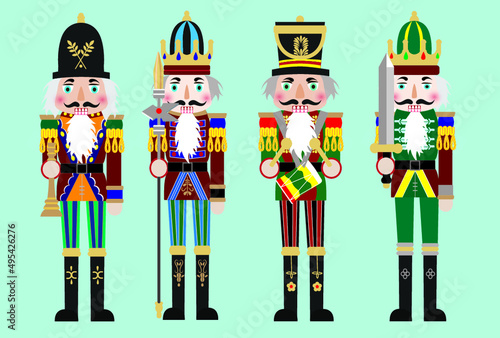 vector nutcracker soldier, flat image illustration design set. Classic Christmas cartoon style four gift wooden puppet army decoration toy 