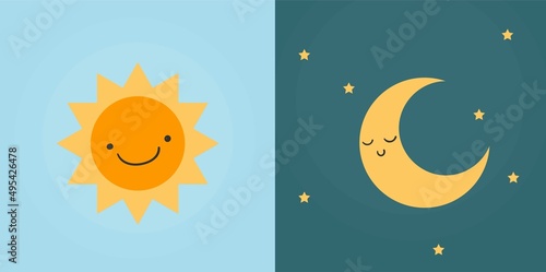 Day and night symbols with cute faces. Dark and bright modes. Vector