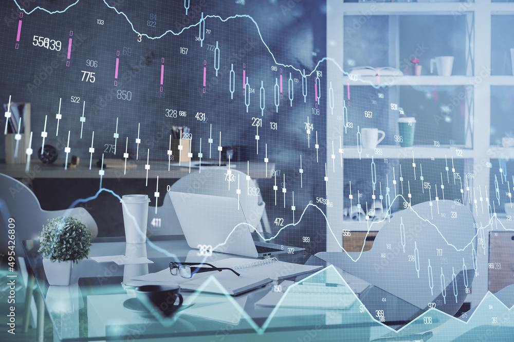 Multi exposure of stock market chart drawing and office interior background. Concept of financial analysis. Multi exposure of stock market chart drawing and office interior background. Concept of financial analysis.