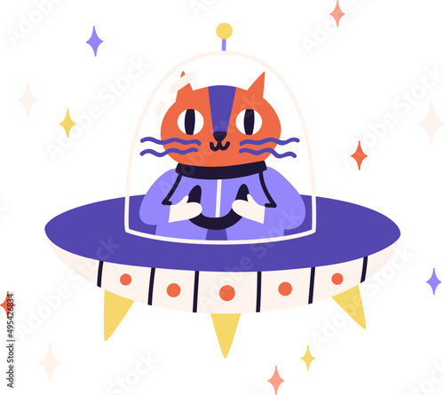 Cute Cat Astronaut in Outer Space Childish Cartoon Illustration