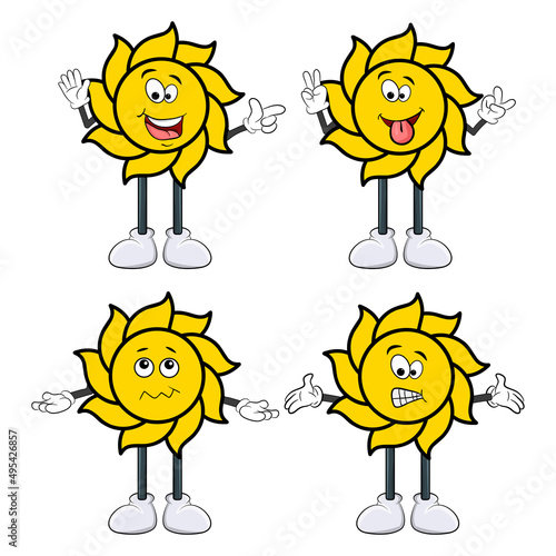 Summer Sun Face set. sun character with arm and leg in different expressions.