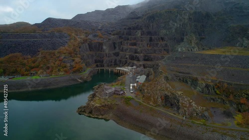 Historic Dinorwic Quarry Slate Mining Lake and Mountain in Wales, UK - Aerial photo