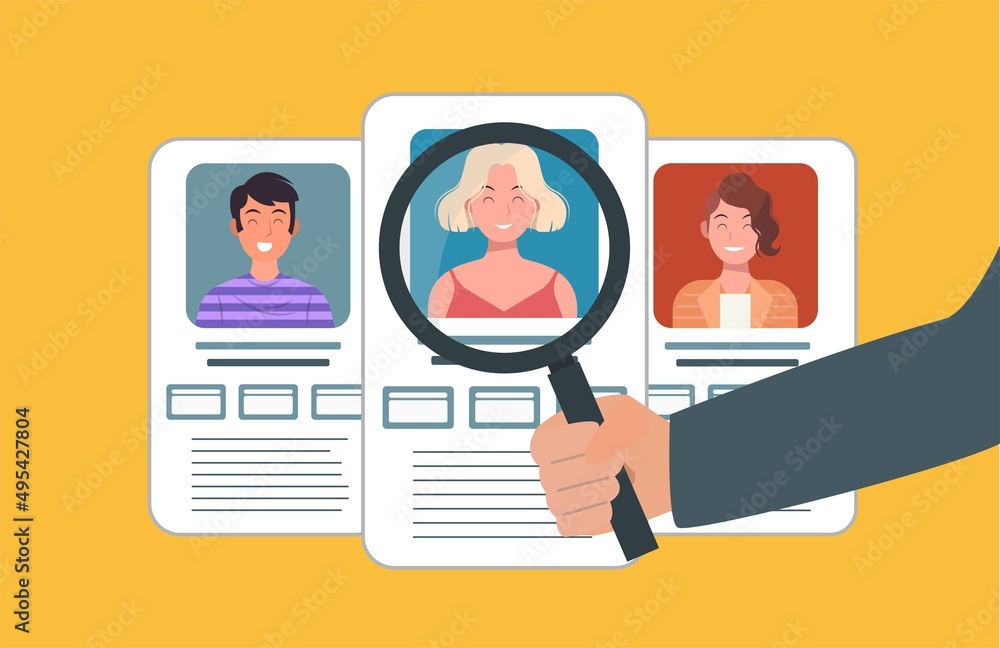 Job searchers, employees, and office workers are being chosen with magnifying glass. Job searchers, employees, and office workers are being chosen with magnifying glass.
