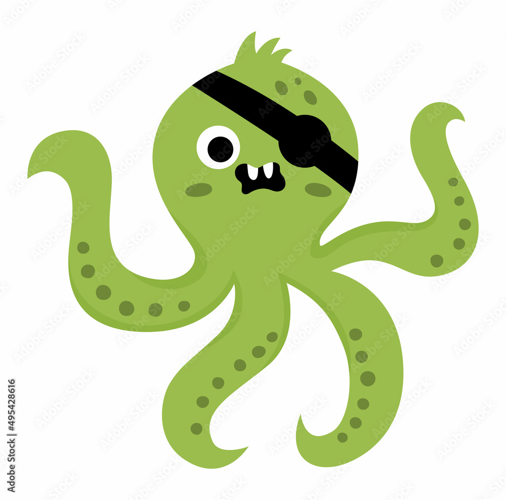 Vector pirate octopus icon. Cute sea animal illustration. One eye treasure island hunter with eye patch. Funny pirate party element for kids. Devilfish picture isolated on white background. Vector pirate octopus icon. Cute sea animal illustration. One eye treasure island hunter with eye patch. Funny pirate party element for kids. Devilfish picture isolated on white background.