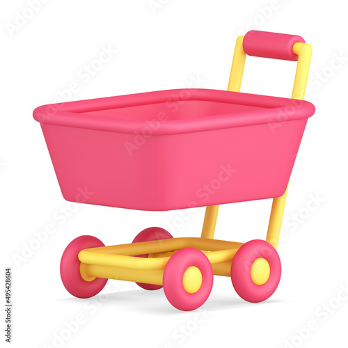 Supermarket trolley with handle and wheels for comfortable purchase transportation 3d icon vector