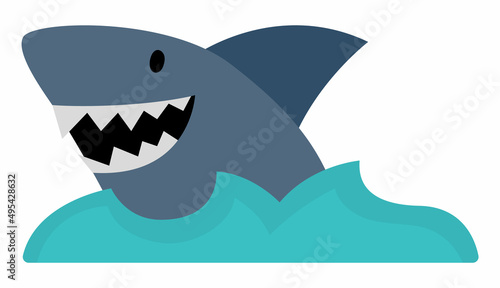 Vector shark and water icon. Cute sea animal illustration. Treasure island hunter picture. Funny pirate party element for kids. Scary fish picture with toothy opened jaws..