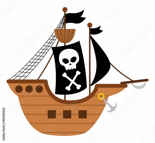 Vector pirate ship icon. Cute sea vessel illustration. Treasure island hunter boat with black sails, scull and crossed bones. Funny pirate party element for kids isolated on white background