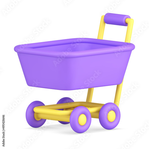 Purple handcart sell service metallic equipment with wheels and handle realistic 3d icon vector