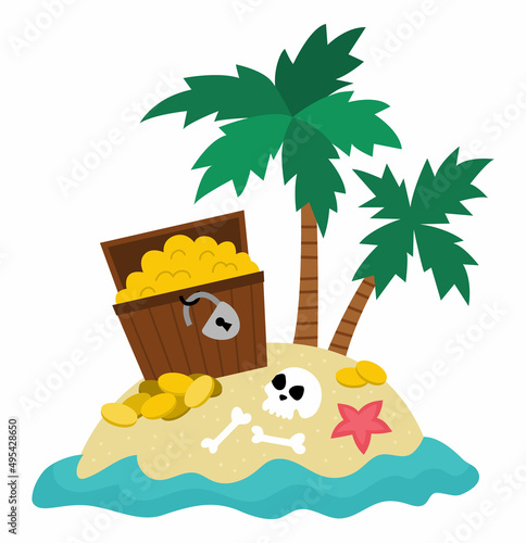 Vector tropical island icon. Cute sea isle with sand, water and palm trees illustration. Treasure island picture with chest, gold, coins, skull and bones. Funny pirate party element for kids.