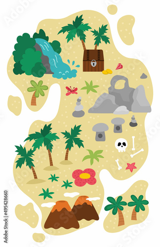 Vector tropical island icon. Cute sea isle with sand, palm trees, volcano, rocks, waterfall illustration. Treasure island picture with chest, gold coins, skull, bones. Funny pirate party element.