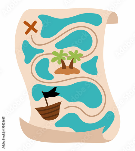 Vector treasure island map icon. Pirate plan illustration. Flat colored jewel hunt guide. Old sea route paper isolated on white background..