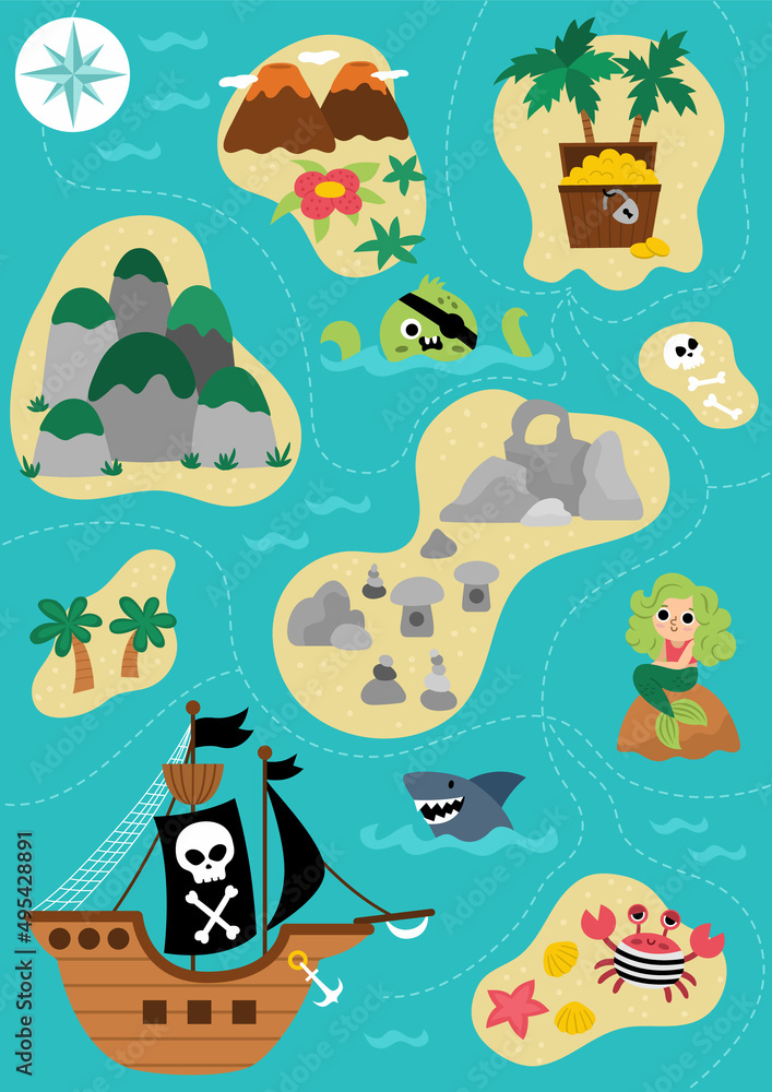 Vector treasure island map with pirate ship, mermaid, octopus. Cute ...