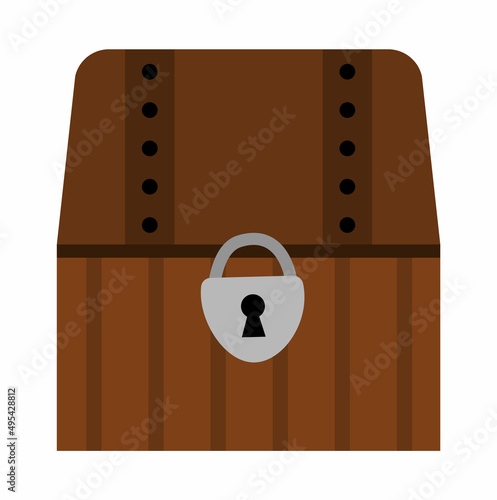 Treasure chest icon. Pirate wooden coffer with jewelry and lock. Treasure island element isolated on white background. Old closed wood box picture.