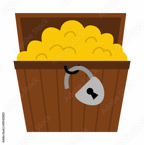 Opened treasure chest with gold. Pirate wooden coffer with jewelry and lock. Treasure island element isolated on white background. Old wood box icon.