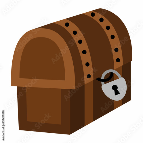 Treasure chest icon. Pirate wooden coffer with jewelry and lock. Treasure island element isolated on white background. Old closed wood box picture.