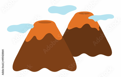 Vector flat volcano mountains with clouds illustration. Rocks icon isolated on white background. Nature scenery picture.