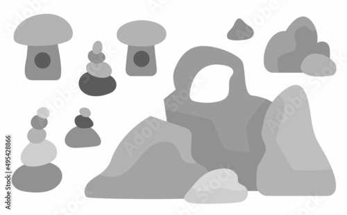 Vector rocks set. Old archaeological dolmens, pyramids, garden of stones. Natural ancient elements and structures.