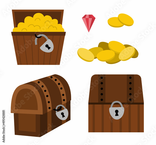 Treasure chest icon set. Pirate wooden coffers collection. Treasure island element isolated on white background. Old wood box picture with jewelry, lock, gem, golden coins.