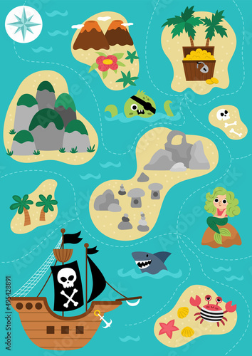Fototapeta Vector treasure island map with pirate ship, mermaid, octopus