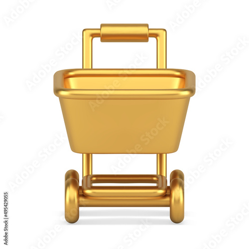 Golden metallic hypermarket pushcart grocery shopping mobile app realistic 3d icon front view vector