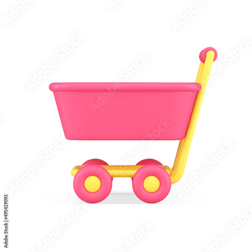 Pink supermarket trolley goods carrying purchase transportation equipment side view 3d icon vector