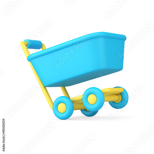 Glossy blue supermarket trolley diagonally displaced store notification realistic 3d icon vector