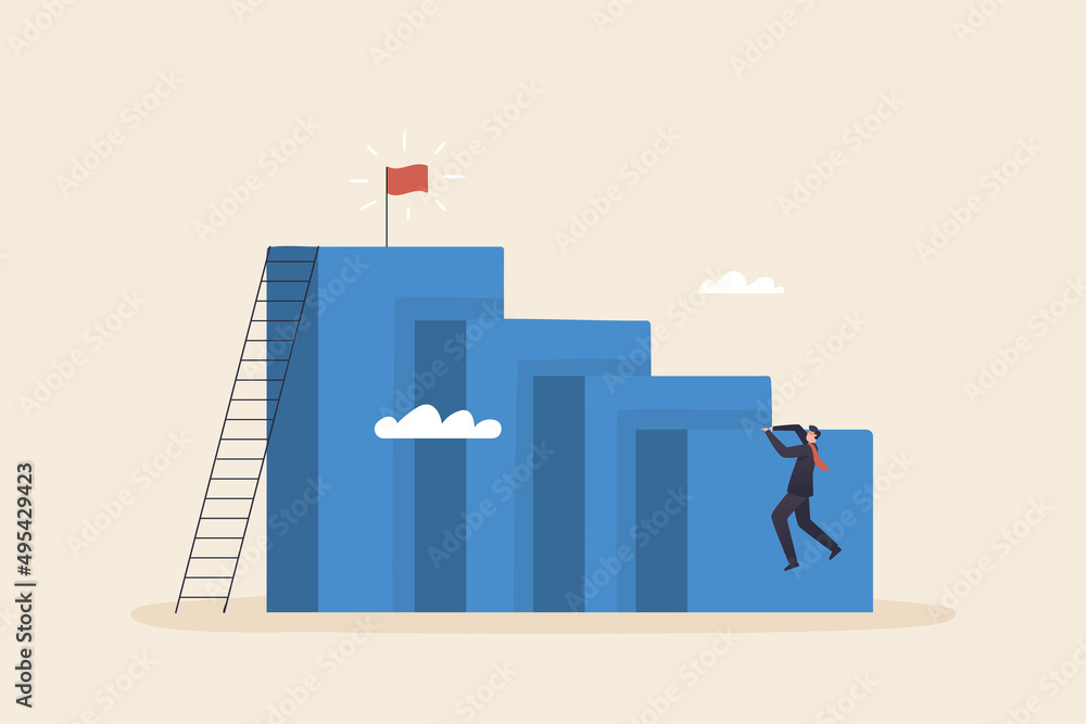 Self-improvement and personal progress are stages of growth. Achieving career goals and success A ladder of ambitions and possible success visions for the future. businessman climbing a high wall.