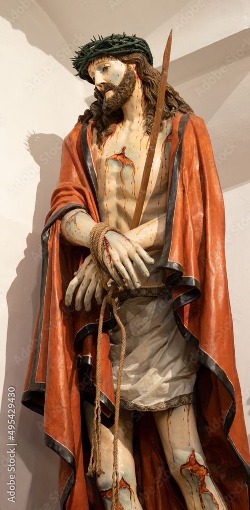 MONOPOLI, ITALY - MARCH 6, 2022: The baroque statue of tortured Jesus - 