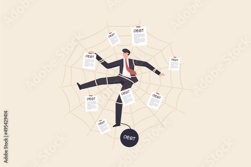 Liabilities, debt collection documents, debt settlement, financial failure or investment risks, bankruptcy..Businessman trapped in a spider web like owing debt.