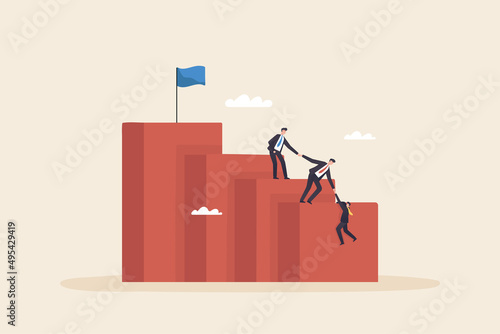 Organizational Helping to reach goal, progress Achieving career goals and success Ladder of ambitions and visions of possible success for the future. Business team climbing a high wall or ladder.