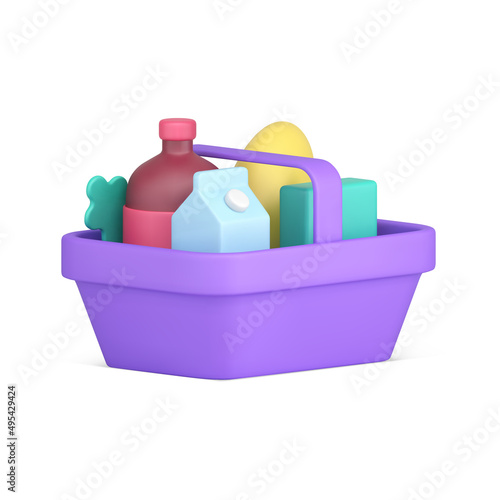 Shopping basket container with daily meal products front side view 3d icon realistic vector