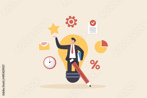 Leadership skills, creativity as business development and innovation. The elements are teamwork in the organization and writing new ideas. company growth list of professional skills.