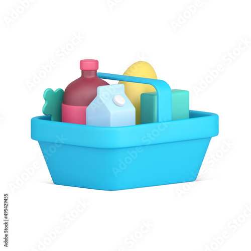 Blue plastic hypermarket shopping basket for food and drink carrying realistic 3d icon vector