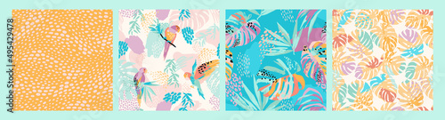 Set of abstract art seamless patterns with tropical leaves, flowers and parrots.