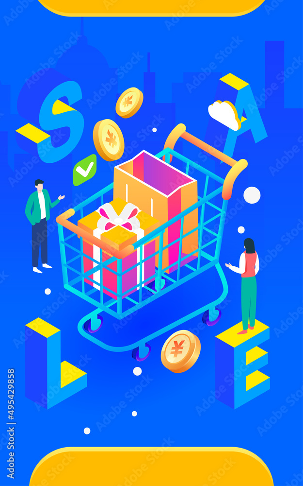 Naklejka premium E-commerce shopping cart, shopping festival promotion, vector illustration