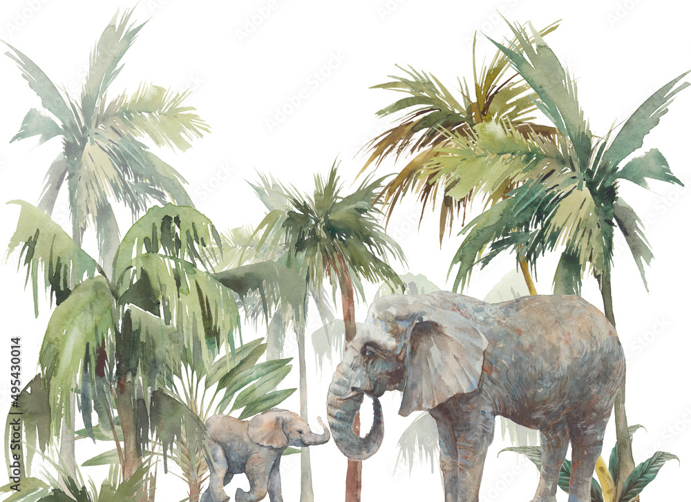 Tropical forest and elephant family wall art. Watercolor wallpaper greenery design. Palm trees jungle scene. Hand painted background - obrazy, fototapety, plakaty 