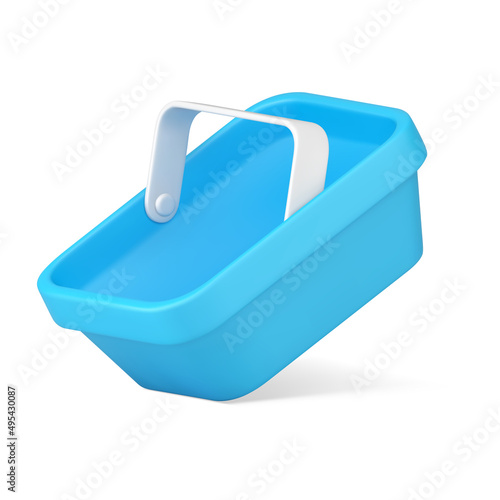 Glossy blue plastic shopping basket marketing e commerce decorative design realistic 3d icon vector
