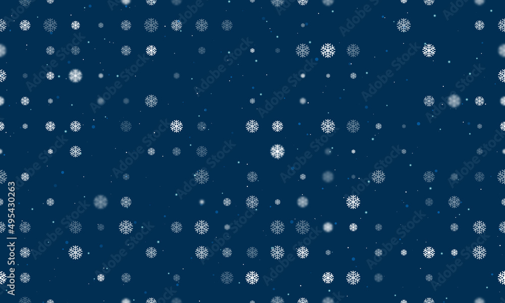 Seamless background pattern of evenly spaced white snowflake symbols of different sizes and opacity. Vector illustration on dark blue background with stars