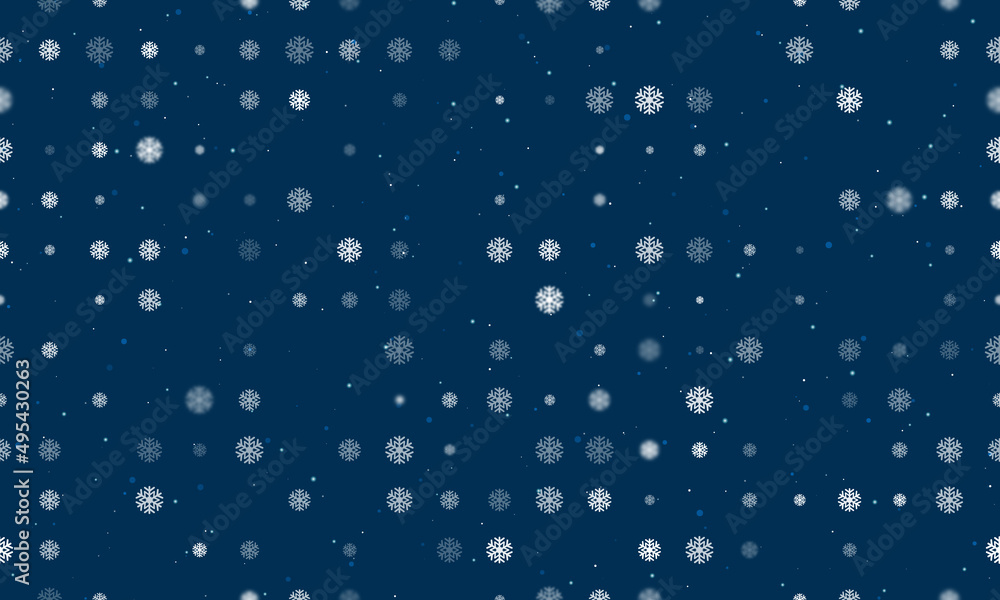 Seamless background pattern of evenly spaced white snowflake symbols of different sizes and opacity. Vector illustration on dark blue background with stars Seamless background pattern of evenly spaced white snowflake symbols of different sizes and opacity. Vector illustration on dark blue background with stars
