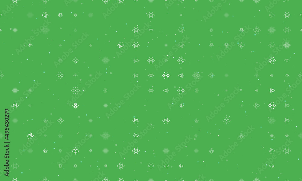 Seamless background pattern of evenly spaced white vision symbols of different sizes and opacity. Vector illustration on green background with stars