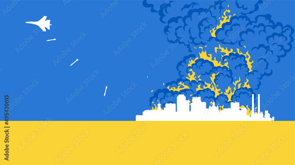Fototapeta premium Russian military aircraft bombing Ukrainian city against the background of the flag