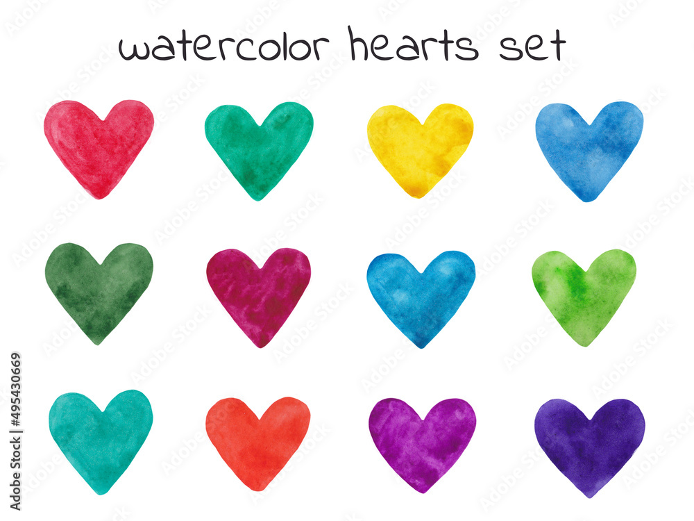Watercolor set of elements in the shape of a heart  isolated on white background. Collection for decor, design, printing on fabric, paper, packaging, scrapbook. Hearts in yellow, red, blue, green. 
