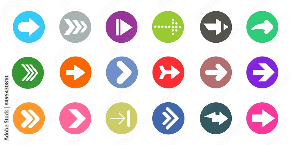 Arrow sign icons set. Colorful circle shape internet button on white background. Arrow sign icons set. Colorful circle shape internet button on white background.