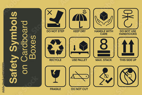 Set of multiple Safety signs and symbols used on cardboard boxes. Vector illustration