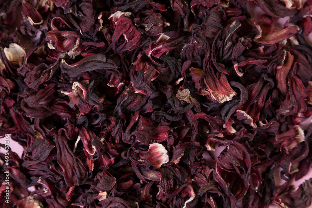 herbal tea, dry hibiskus flower, immune booster in color background