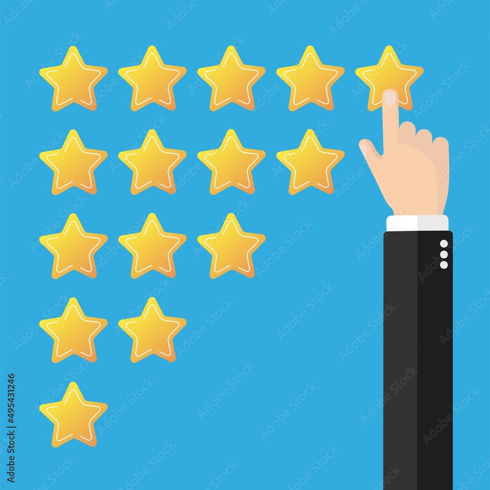 Hand putting five gold stars on blue background. Five stars quality rating icon. Hand putting five gold stars on blue background. Five stars quality rating icon.