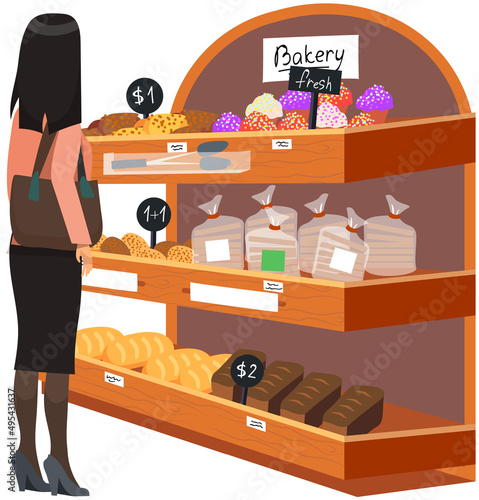 Woman in supermarket. Lady during shopping, customer in mall, retail store. Girl chooses pastries, bread at grocery store. Female character looking at bakery in hypermarket