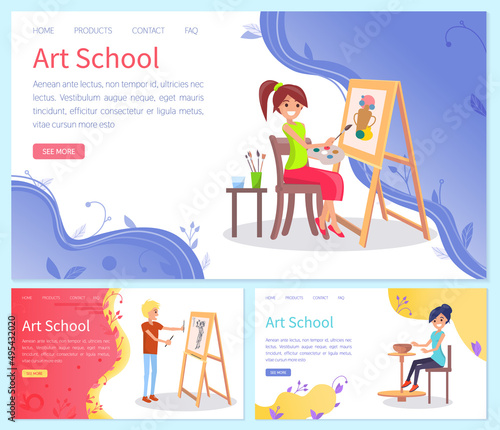 Artists painting pieces of art on canvas, creating clay products. Art school classes of drawing pictures, pottery. Potter lessons and artist education. Creative website or webpage templates set